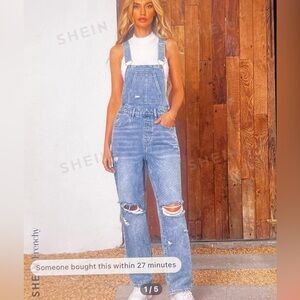 Frenchy ripped patched pocket denim overalls